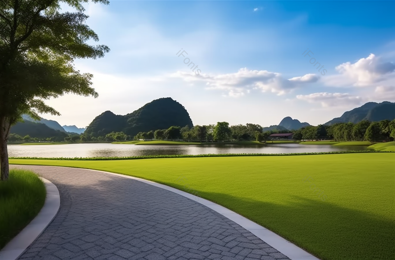 阳光下户外的绿草地和湖水的自然风景,高清,摄影图,摄影图片,图片大全,摄影图免费下载